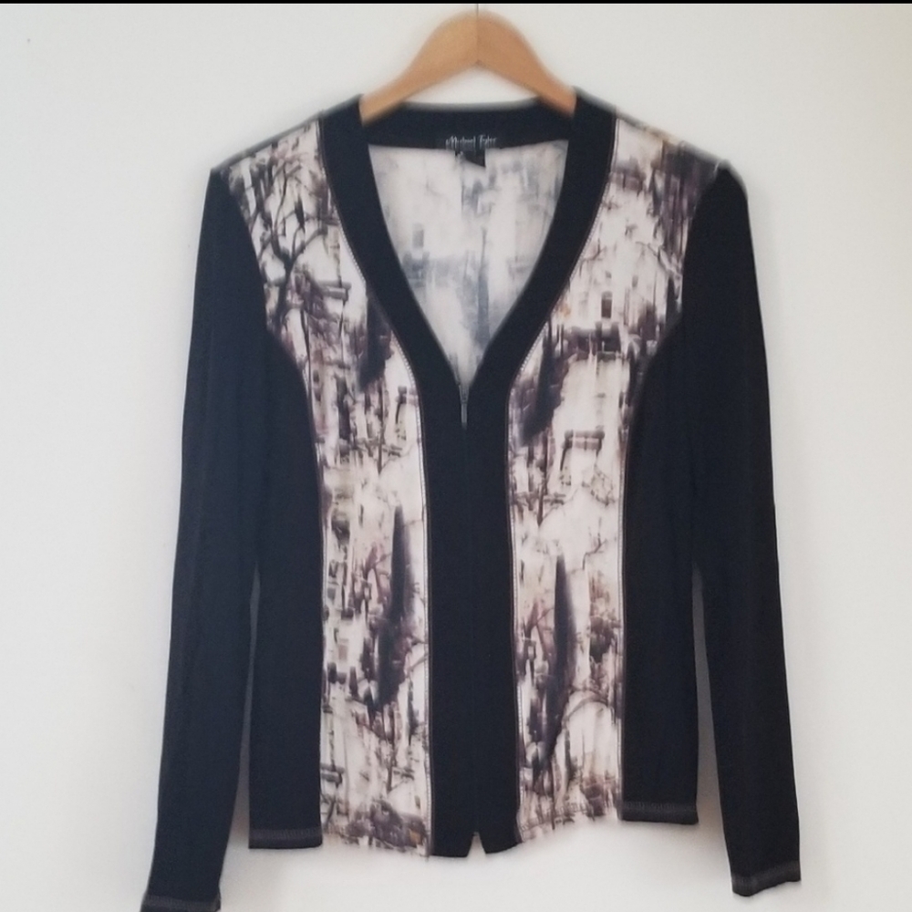 VTG Michael Taylor Black & Abstract V-neck Zip Top